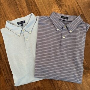 Peter Millar Men's Light Blue and Navy Striped Polos